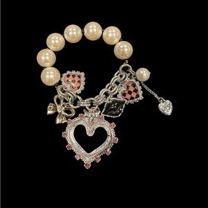 Betsey Johnson Pink and Silver Heart Faux Pearl Charm Bracelet